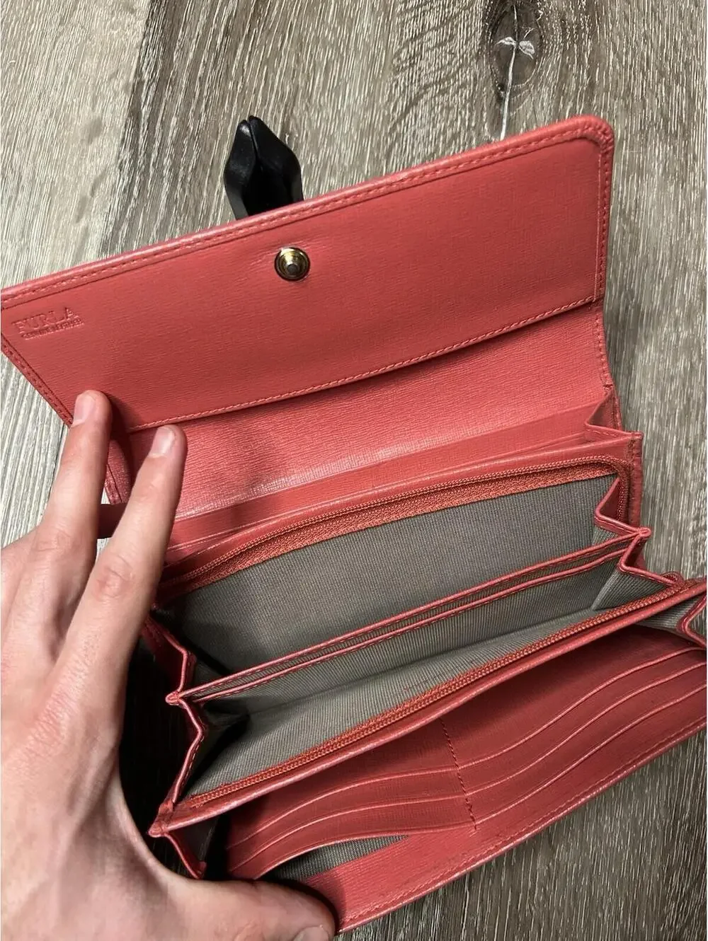 FURLA Leather Long Wallet Red/Coral Large Capacity Authentic